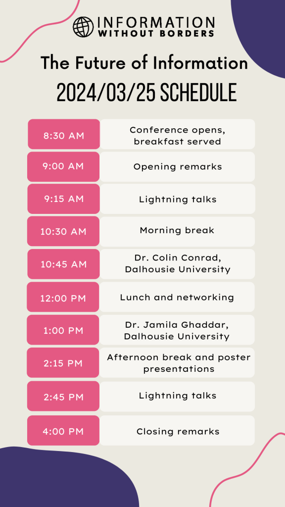 Graphic Depicting IWB 2024 Program. 
8:30 AM - Conference opens, breakfast served
9:00 AM - Opening remarks
9:15 AM - Lightning talks
10:30 AM - Morning break
10:45 AM - Dr. Colin Conrad
12:00 PM - Lunch and networking
1:00 PM - Dr. Jamila Ghaddar
2:15 PM - Afternoon break and poster presentations
2:45 PM - Lightning talks
4:00 PM - Closing remarks